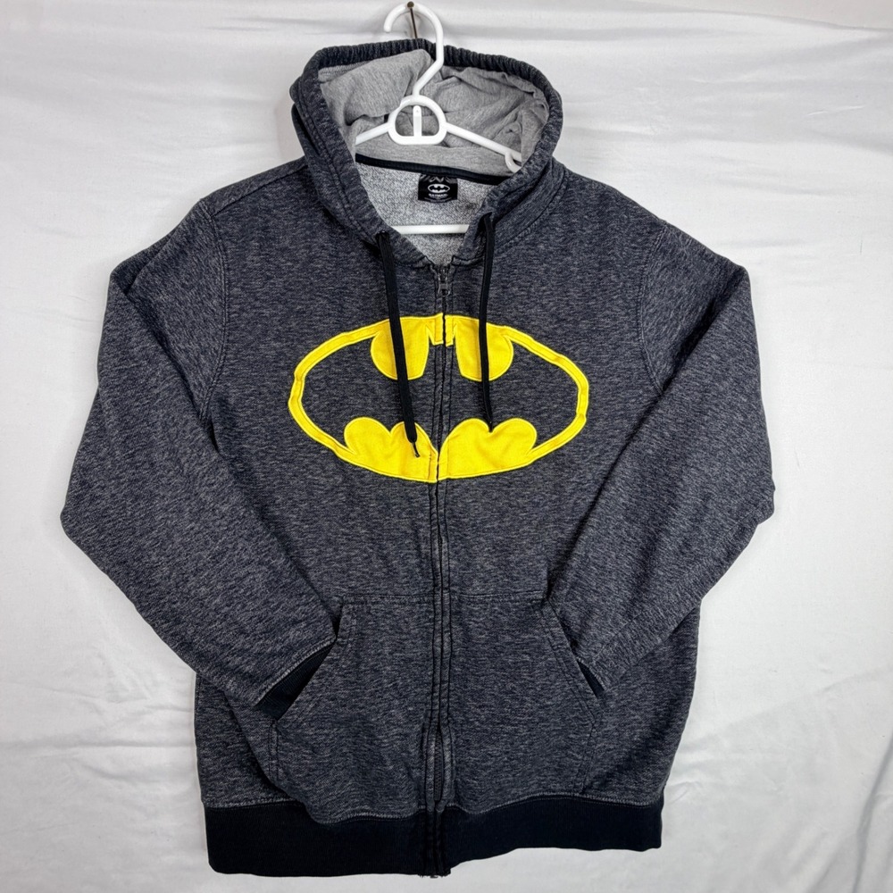 Batman Full Zip Hoodie Large Charcoal Grey Yellow Bat Signal Logo Sweatshirt